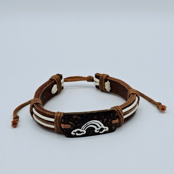 Leather Bracelet Hemp Cord Carved Rainbow Lightning Brown Tan Adjustable Slide - Picture 9 of 11